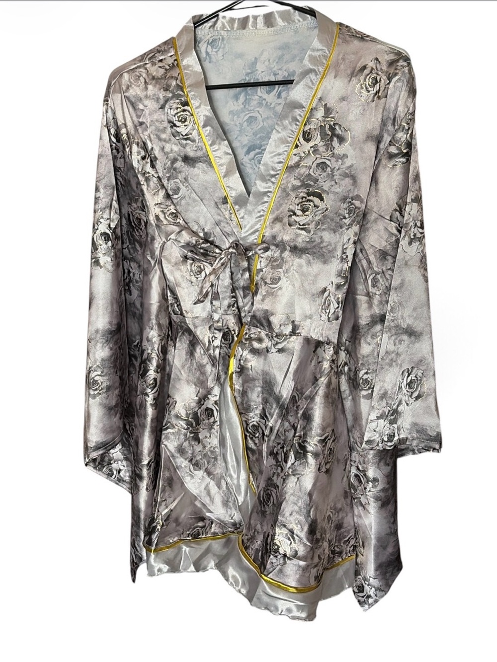 A489 Silky Floral Satin Kimono Wrap Robe Geisha Bathrobe Gold Trim NEW